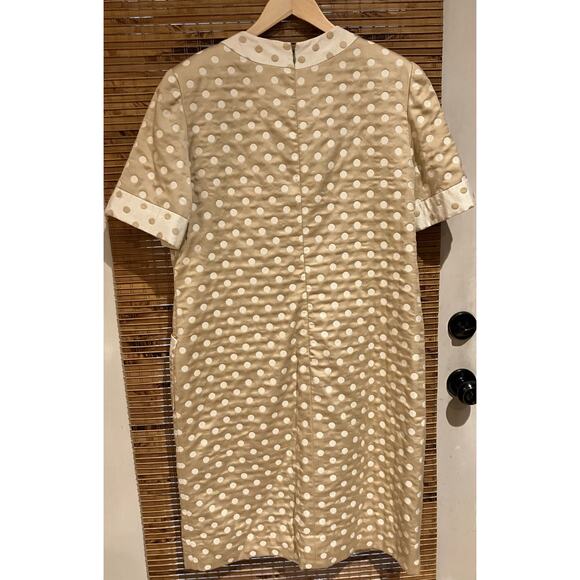 HELGA Vintage Dress, Tan White Polka Dot, Short Sleeve, Lined, Thick, Large (?) - Picture 2 of 9